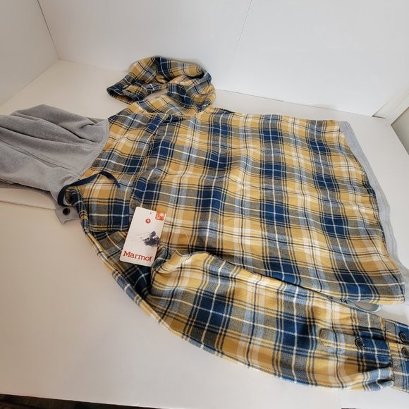 Marmot Women's Reagan Flannel L/S Plaid Hoodie Size M Grey Navy Tan NWT - Picture 11 of 12